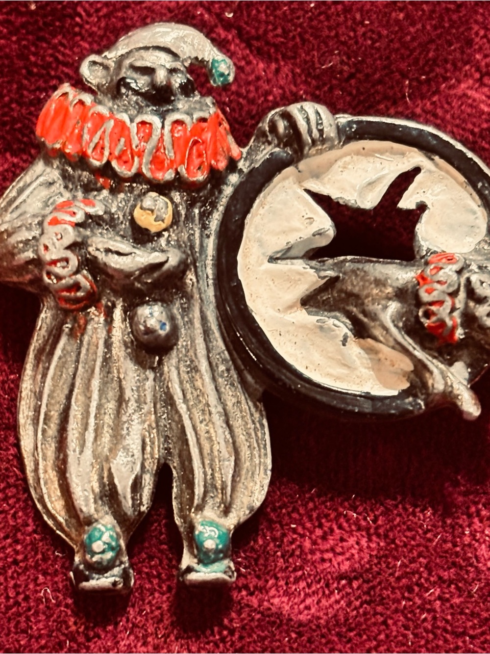 Old creepy brooch of awesome circus clown and dog